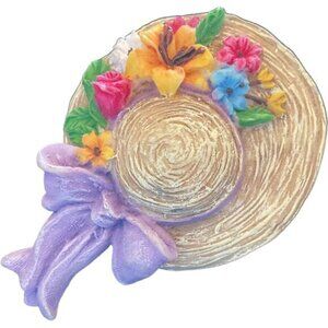 Vintage Floral Straw Hat Brooch With Purple Bow & Colorful Flowers
